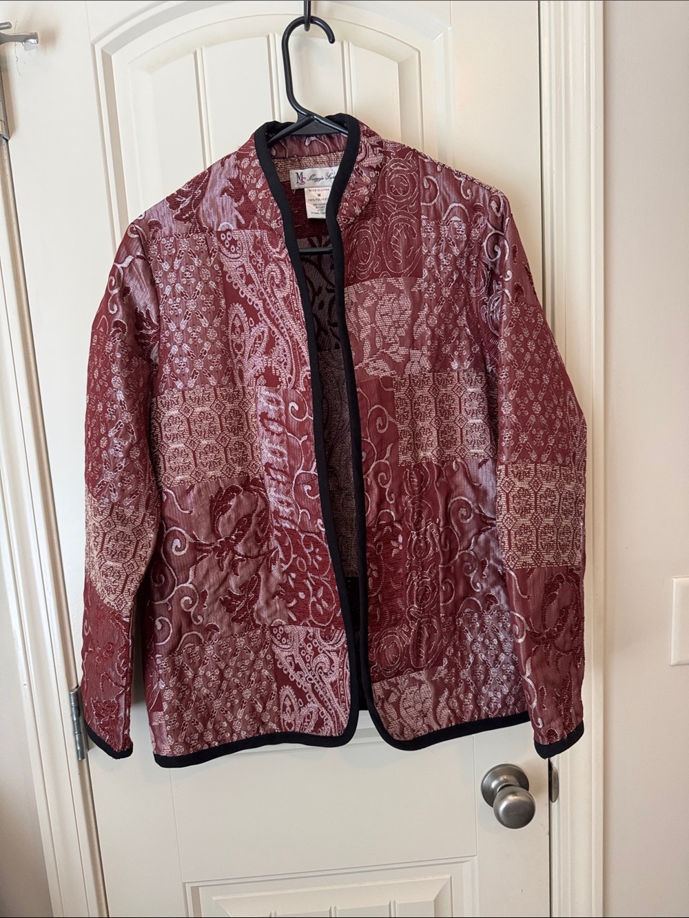 Quilted Paisley Patchwork Blazer in Burgundy with Black Trim